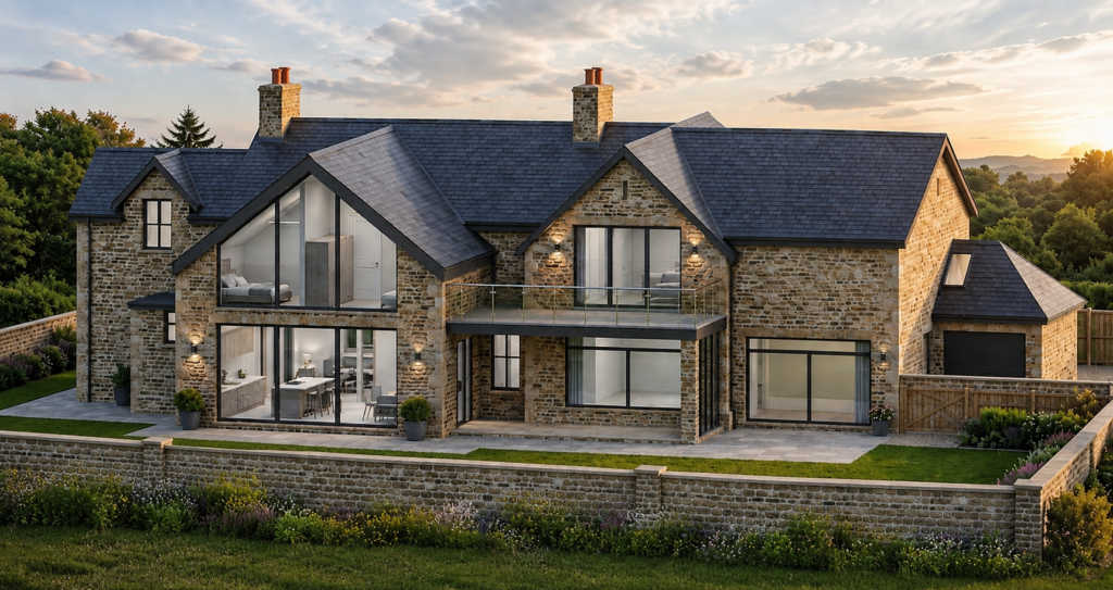 Modern stone house at sunset